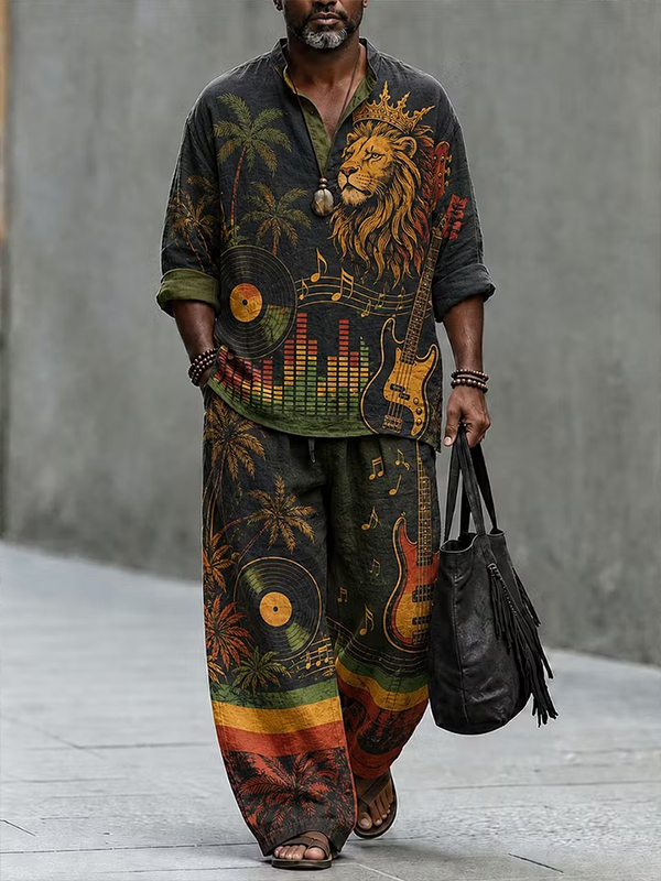 Men's Retro Vinyl Record Guitar Reggae Lion Print Half Button Long Sleeve Shirt Pants 2pcs Set