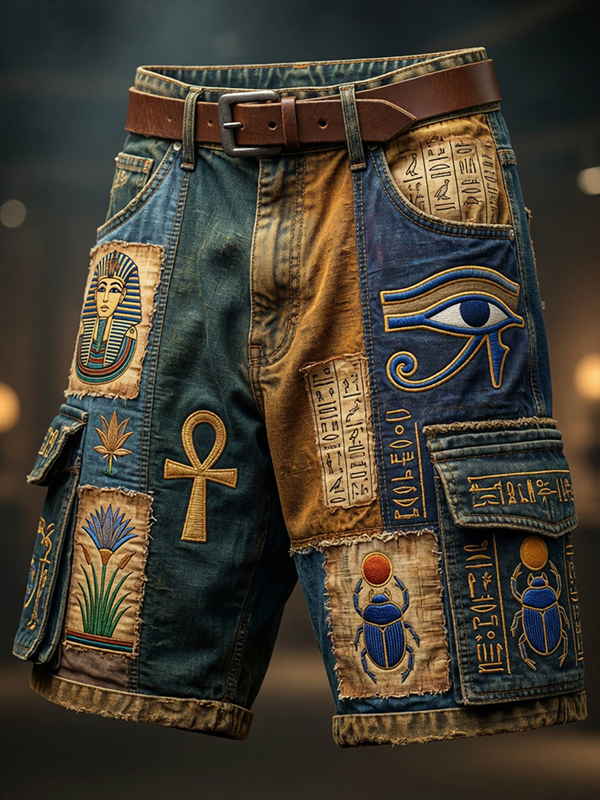 Men's Mysterious Ancient Egyptian Symbols Art Print Denim-Like Casual Shorts
