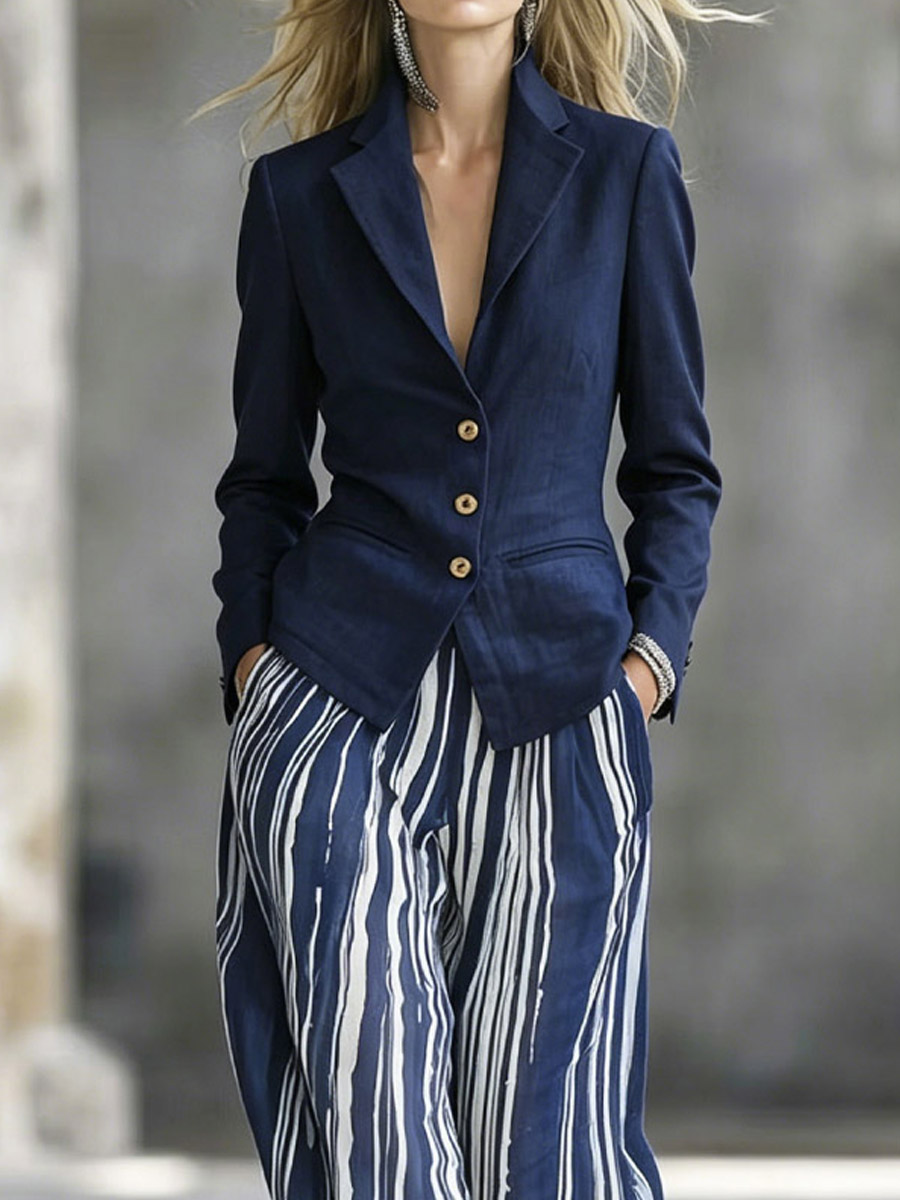 Women's Art Comfortable Casual Long Sleeve Top And Striped Pants Two-piece Set