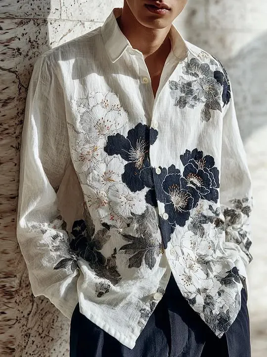 Men's Ink Wash Floral Art Print Long Sleeve Shirt