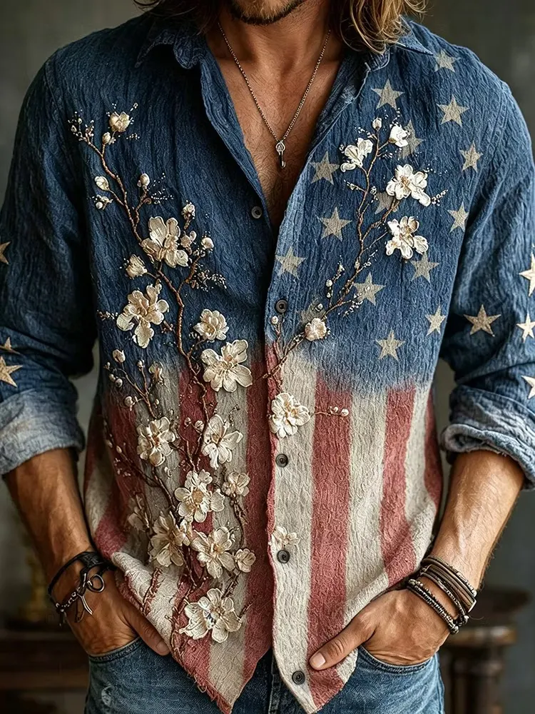 Men's American Flag Gradient Plum Blossom Art Print Long Sleeve Shirt
