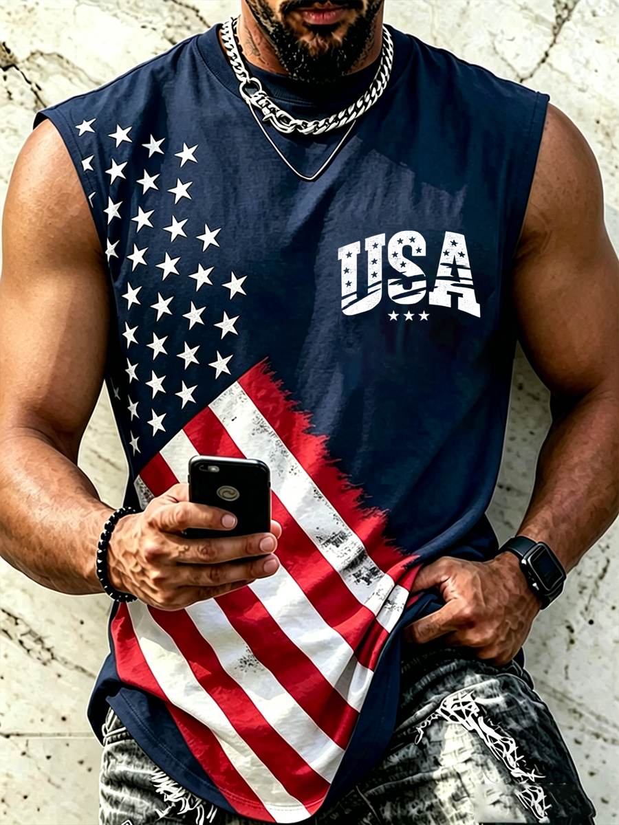 Men's Casual American Flag Letter Printed Vest