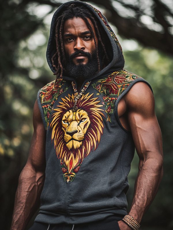 Men's Reggae Lion Head Patchwork Print Hooded Tank Top
