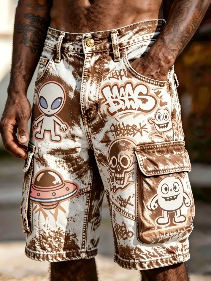 Men's Vintage Tie Dye Alien Ufo Graffiti Print Cargo Shorts
