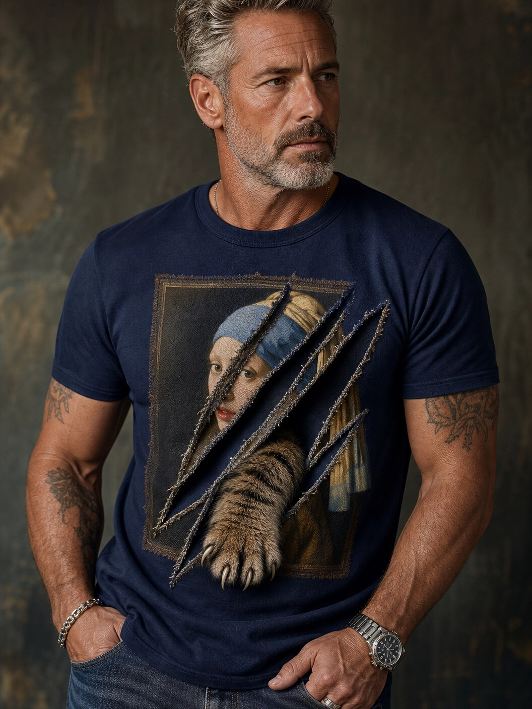 Men's Girl With A Pearl Earring And Cat Claw Graphic  Print Casual T-Shirt