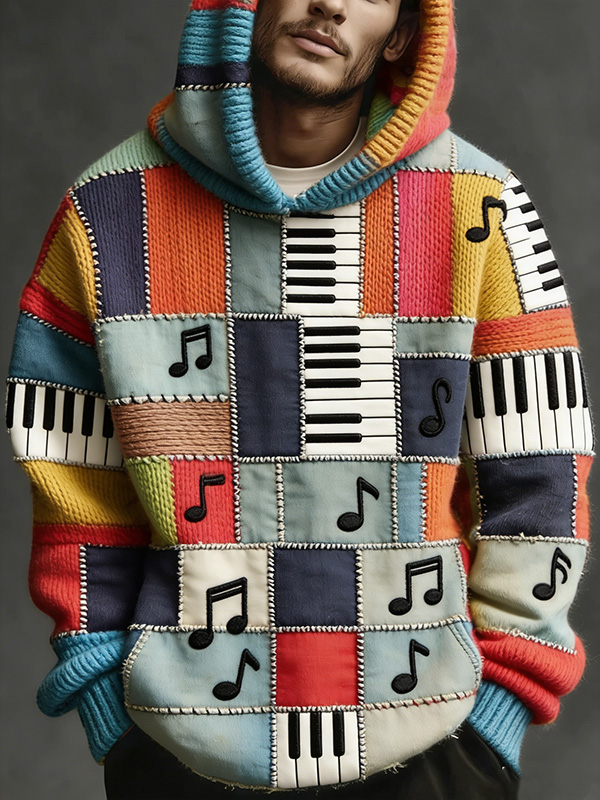 Men's Piano Music Notes Color Block Patchwork Art Print Casual Knit Hoodie