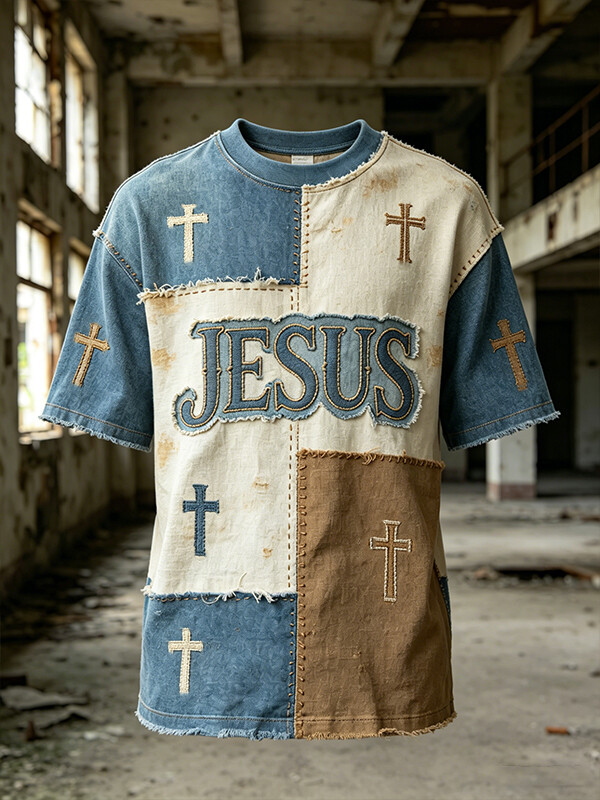 Men's Jesus Cross Color Block Patchwork Print T-Shirt