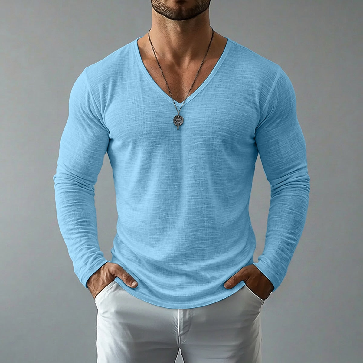 Men’s Lightweight Linen-Texture V-Neck Tee - Lake blue 4XL