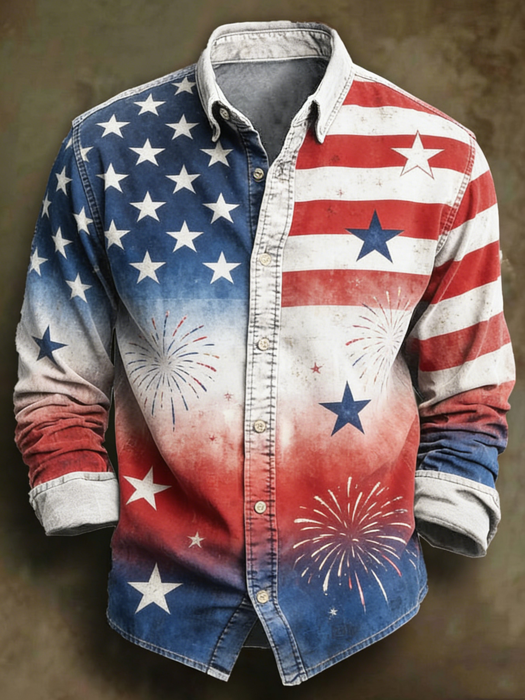 Men's Celebrating America 250 Years Firework Print Long Sleeve Shirt