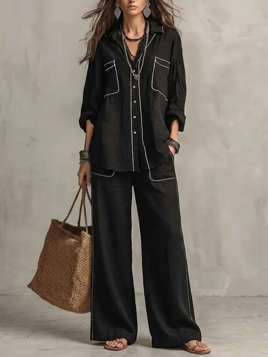 Women's Decorative Line Casual Cotton And Linen Wide-leg Pants Set