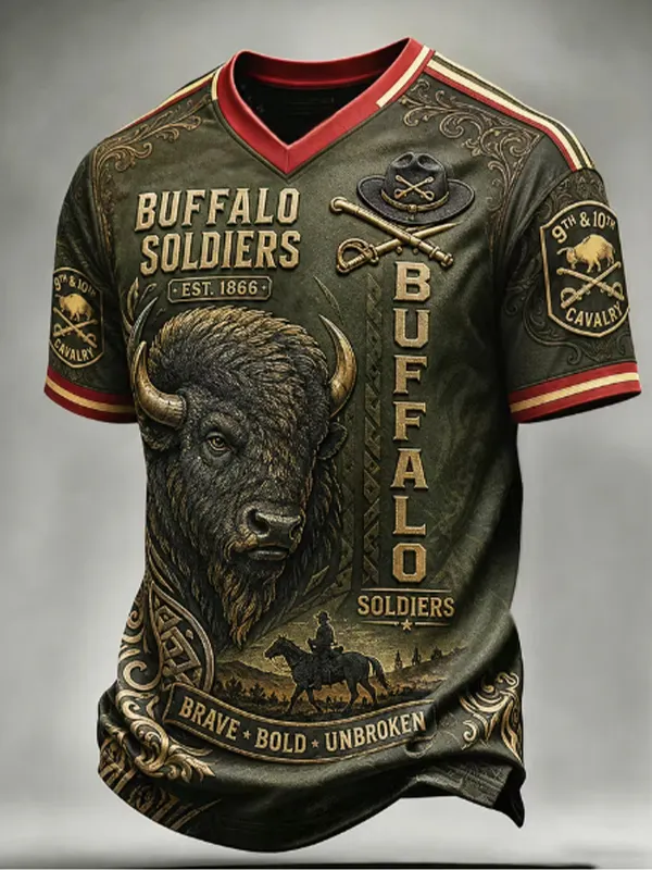 Men's Buffalo Soldiers Bison Cavalry Retro Print V Neck T-Shirt