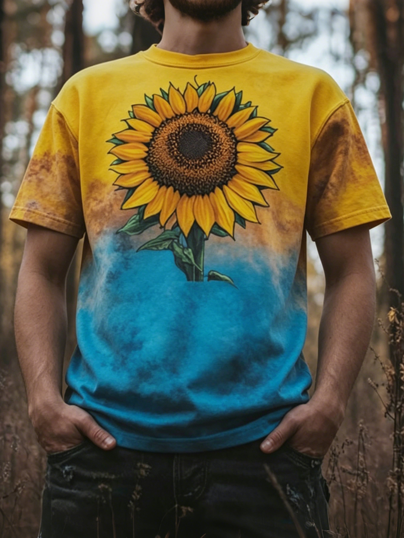 Men's Gradient Tie‑Dye Sunflower Colorblock Art Print T-Shirt