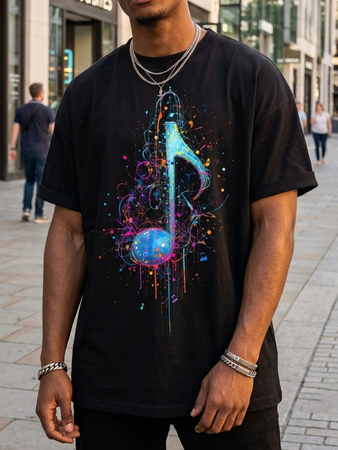 Men's Watercolor Music Note Print Cotton Casual T-Shirt