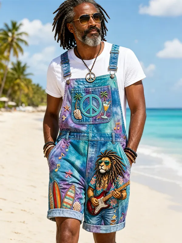 Men's Tie Dye Peace Sign Reggae Lion Guitar Print Shorts Overalls