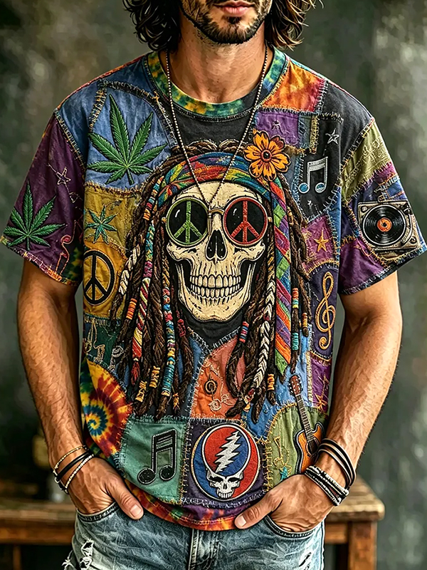 Men's Fun Peace Sign Hippie Skeleton Print Casual T-Shirt