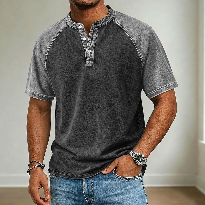 Men's Henley Acid Wash Shirt - Color Block Patchwork Vintage