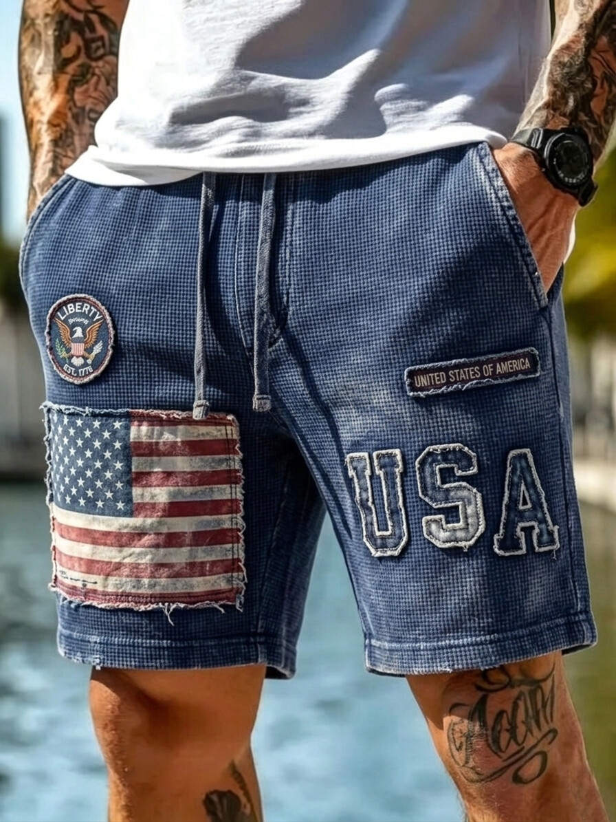 Men's USA Flag Patch Liberty Art Print Casual Shorts