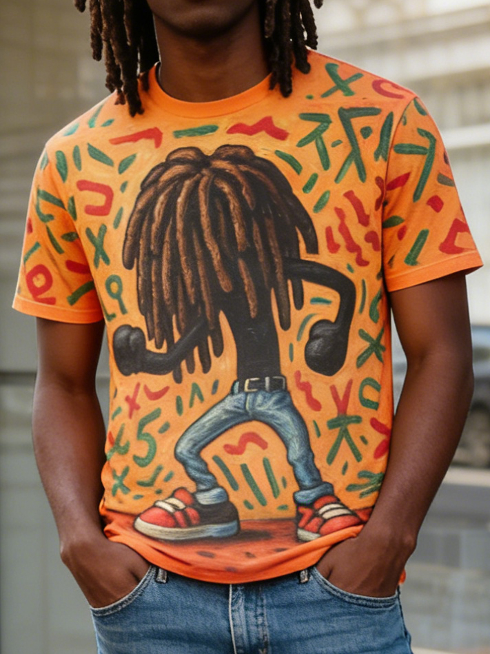 Men's Dreadlock Cartoon Graffiti Art Print T-Shirt