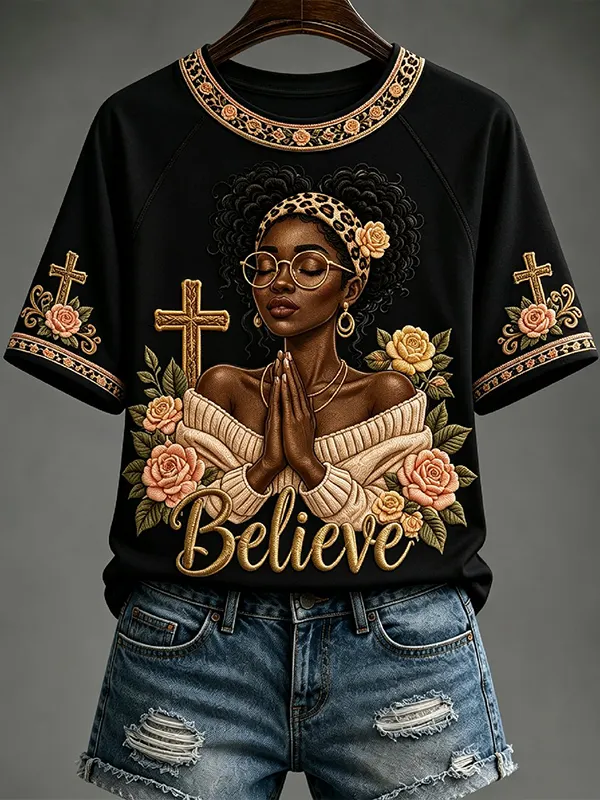 Women's Believe God Faith Cross Art Print Casual T-Shirt