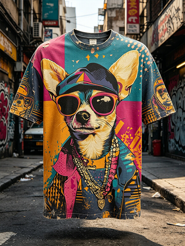 Men's Hiphop Street Graffiti Electric Pup Print T-Shirt