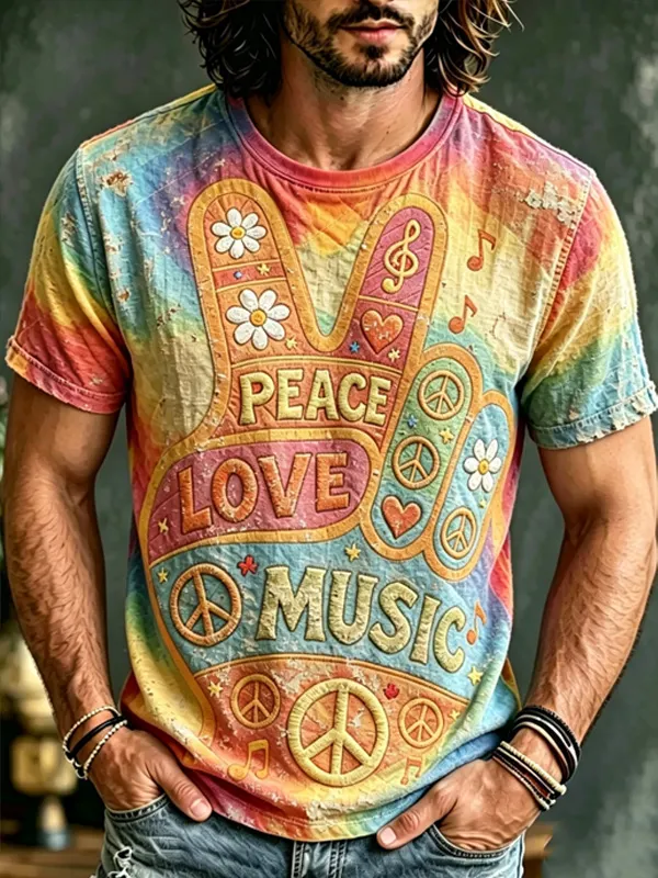 Men's Retro Tie Dye Peace Love Music Peace Symbol Daisy Art Print T-Shirt