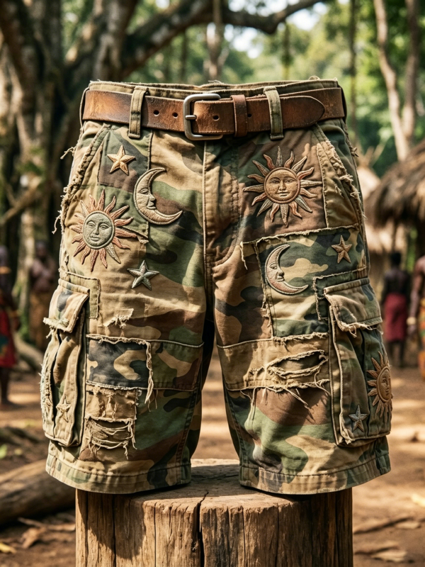 Men's Camo Hippie Moon Sun Face Print Casual Shorts