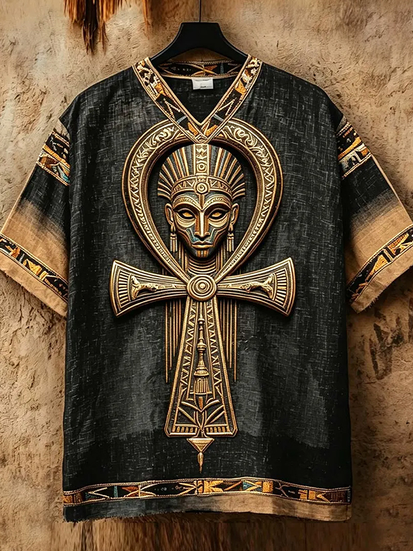 Men's Mysterious Ancient Egyptian Ankh Symbol Print Casual V Neck T-Shirt