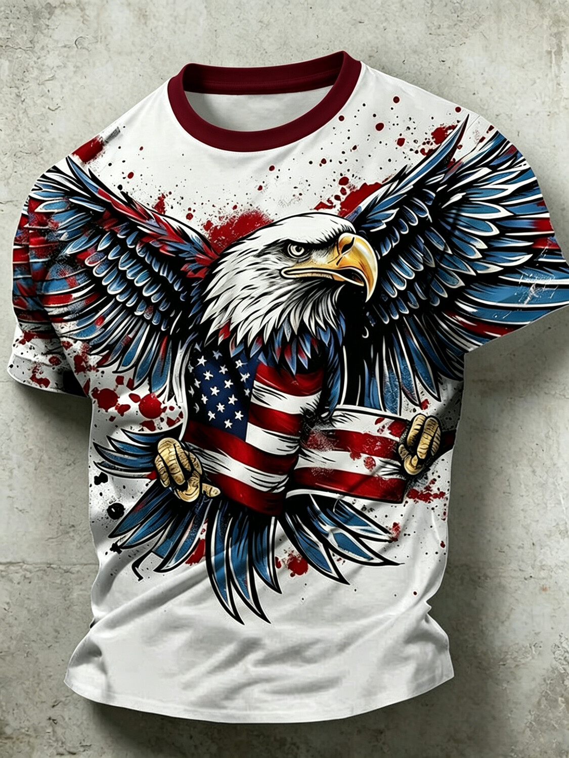 Men's American Flag Bald Eagle Splash Ink Print Casual T-Shirt