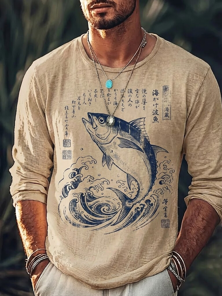 Men's Retro Japanese Art Waves Fish Print Long Sleeve T-Shirt