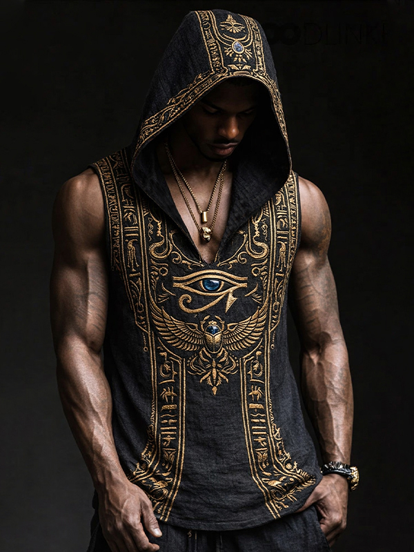Men's Eye Of Horus Scarab Ancient Egyptian Art Print Workout Hooded Tank Top