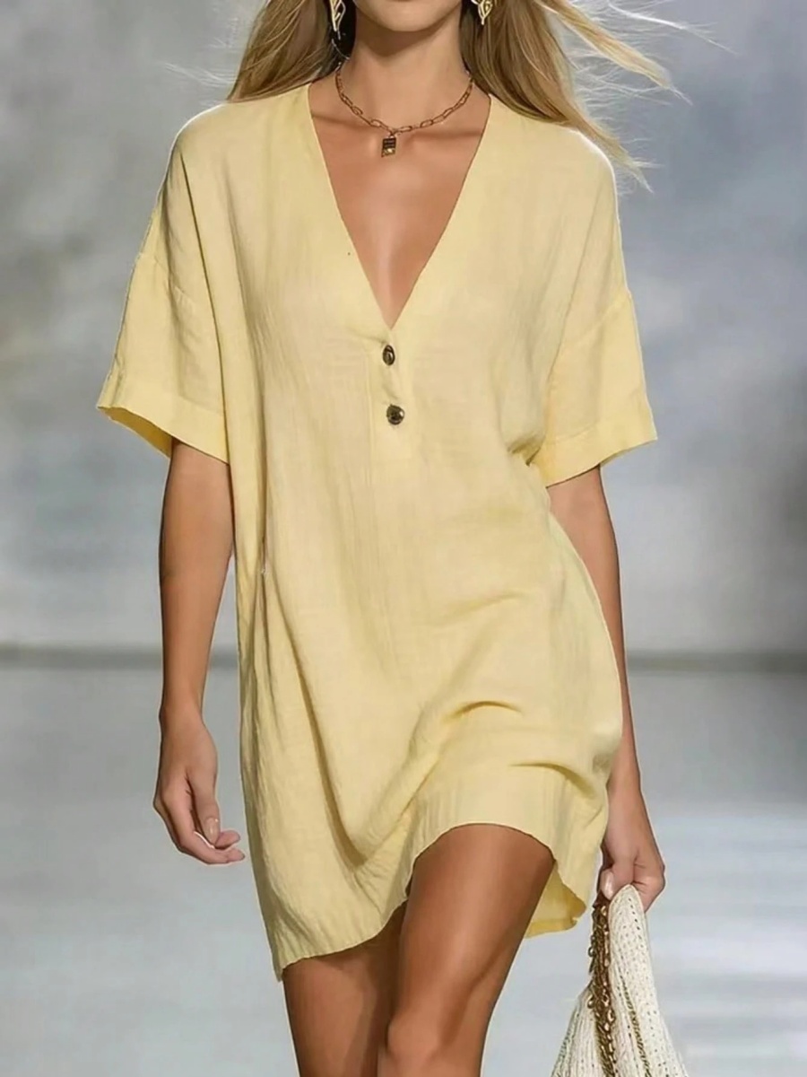 Women'S Dress Casual Loose Fit Short Sleeve Button Front Dress