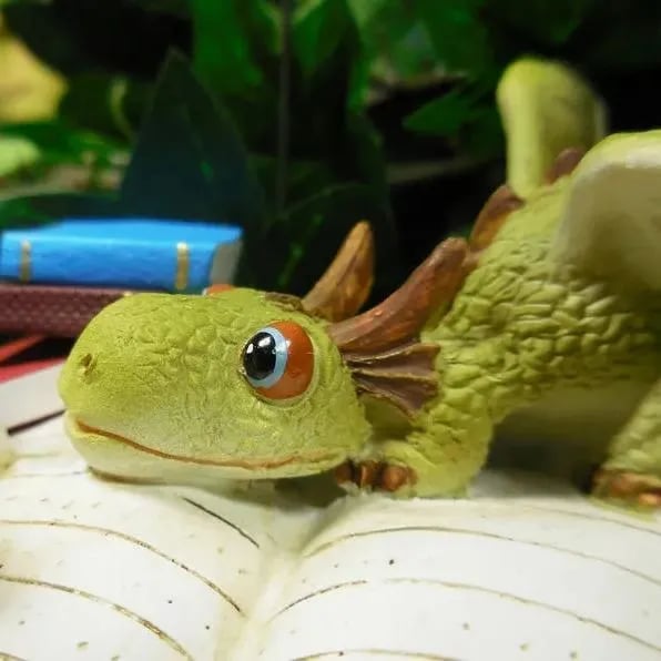 Miniature Green Dragon Reading on Giant Book Figurine