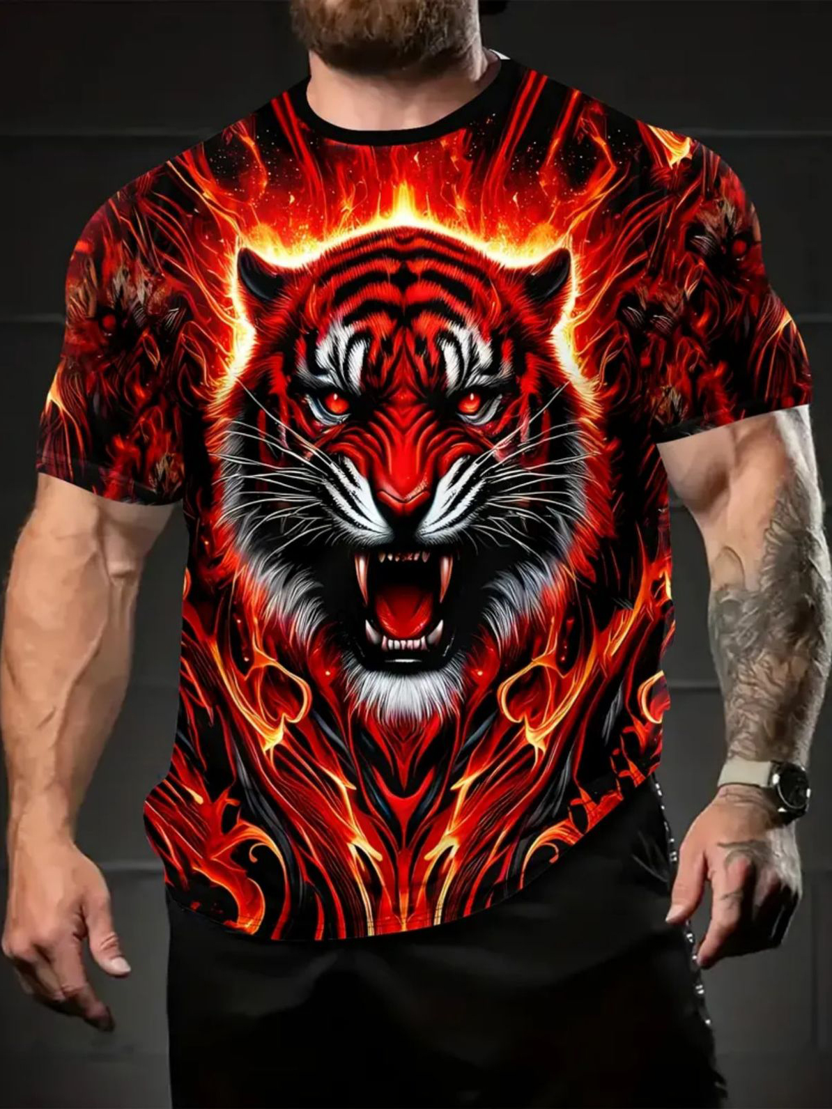 Men's Fiery Red Angry Tiger 3D All Over Art Print T-Shirt