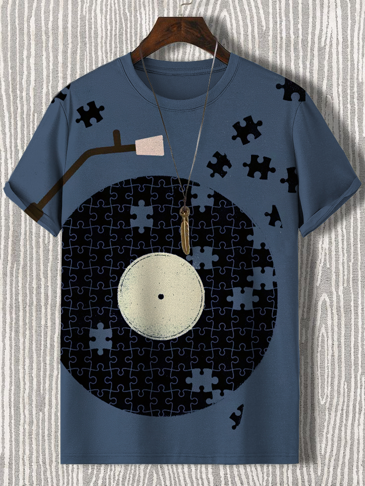Men's Vinyl Record Music Jigsaw Art Print Casual T-Shirt