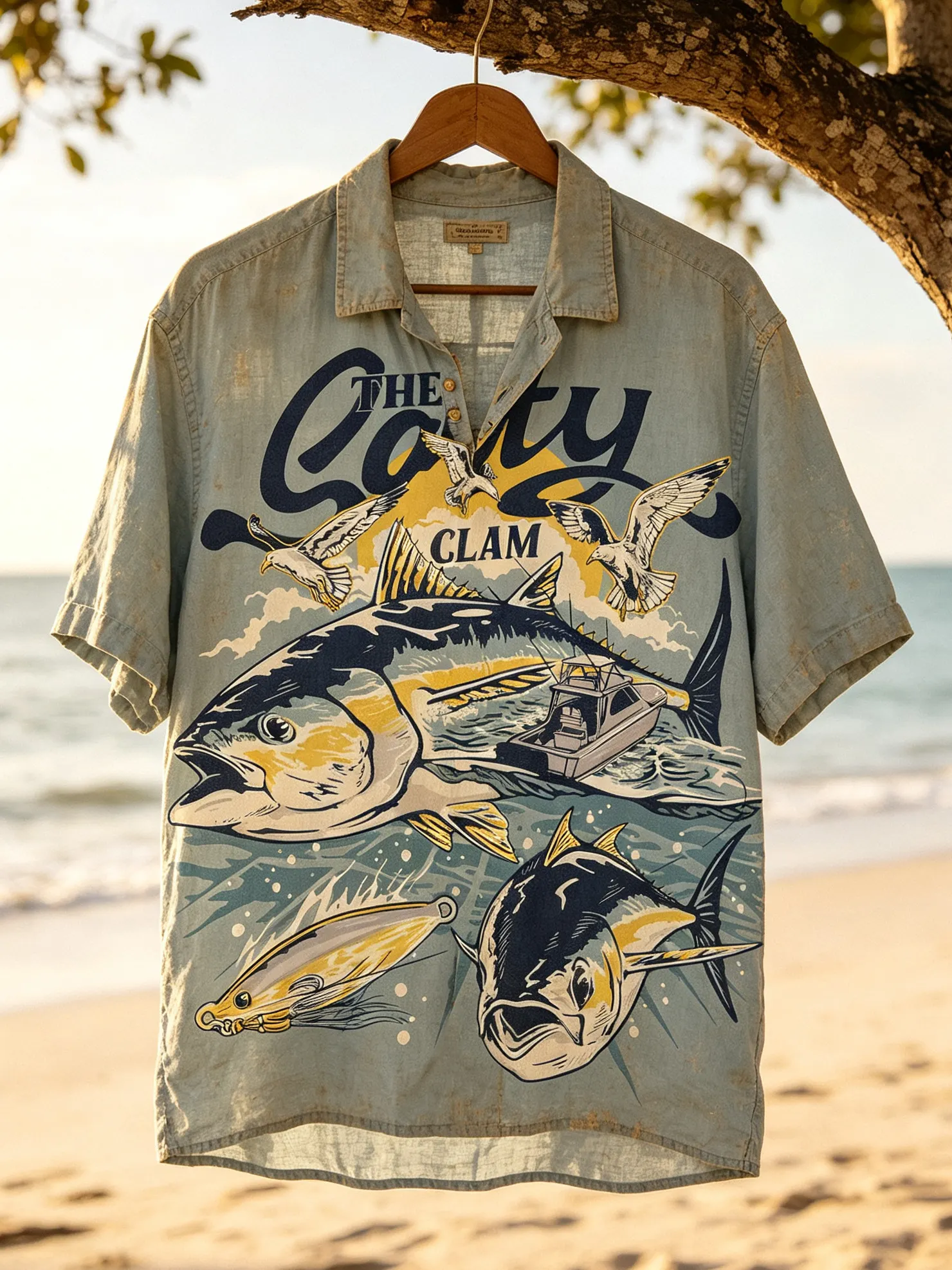 Men's Salty Clam Tuna Boat Seagull Lure Fishing Print Short Sleeve Polo Shirt