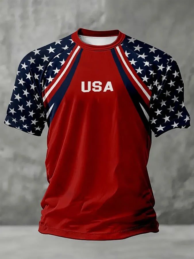 Men's  USA Flag Stars Colorblock Print T-Shirt