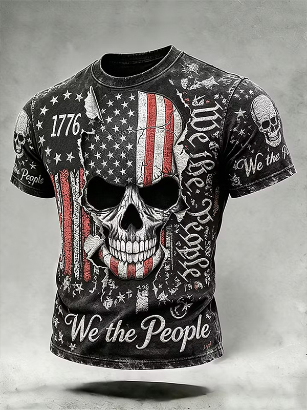 Men's Vintage Distressed 1776 Skull USA Flag We The People Print T-Shirt