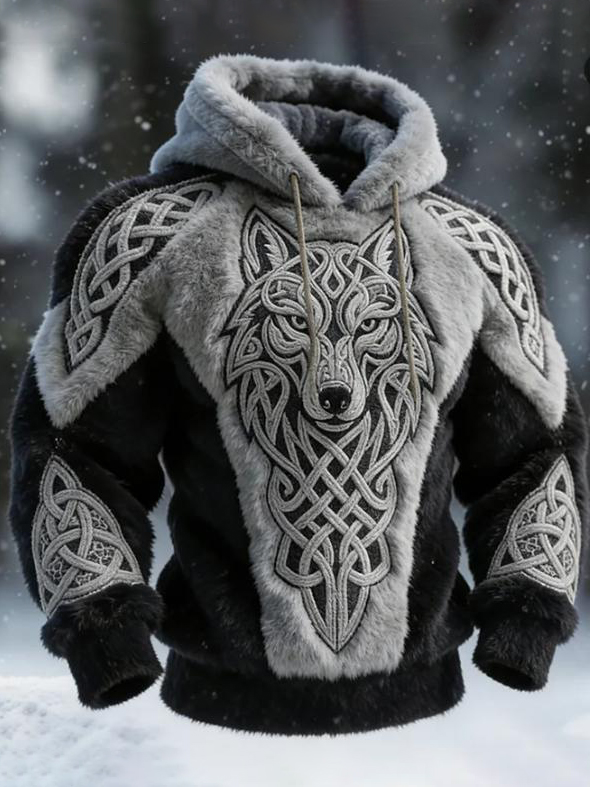Men's Viking Wolf Geometric Patchwork Print Casual Flannel Hoodie