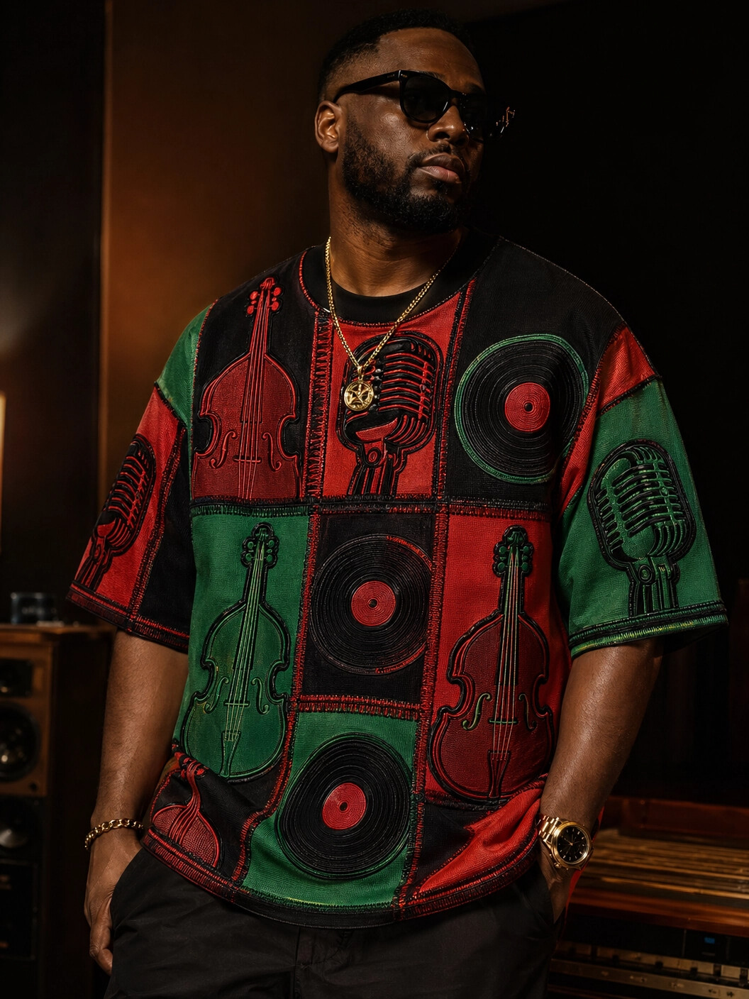 Men's Hip Hop Guitar Vinyl Record Microphone Patchwork Art Print T-Shirt