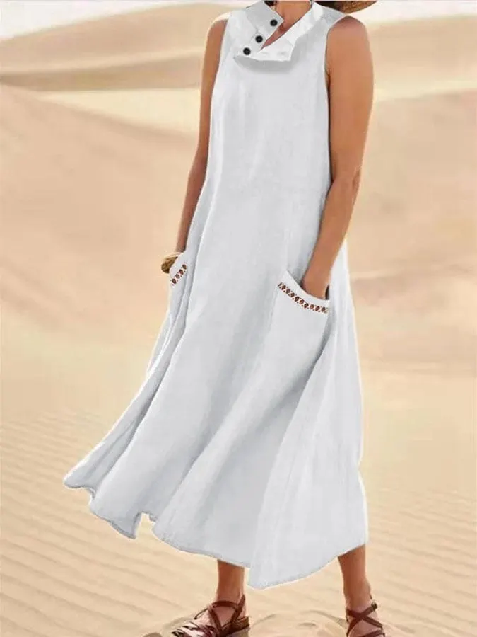 Women's Casual Solid Color Sleeveless Button Pocket Stitching Lace Dress