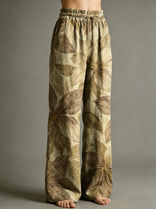 Women's Retro Elegant Leaves Boho Flowers Print Casual Wide Leg Pants
