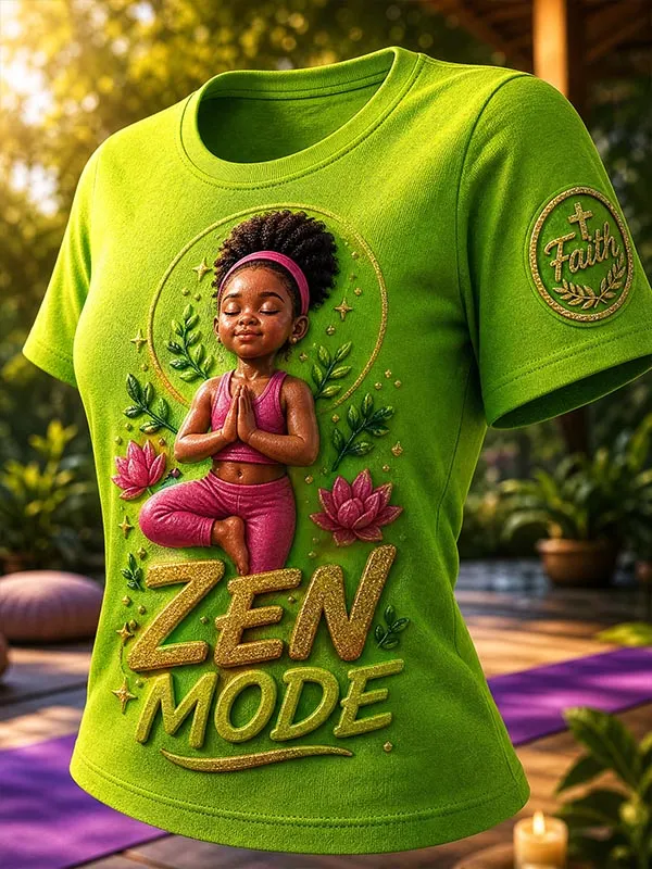 Women's Zen Mode Little Girl Meditating with Lotus Flowers Print Casual T-Shirt