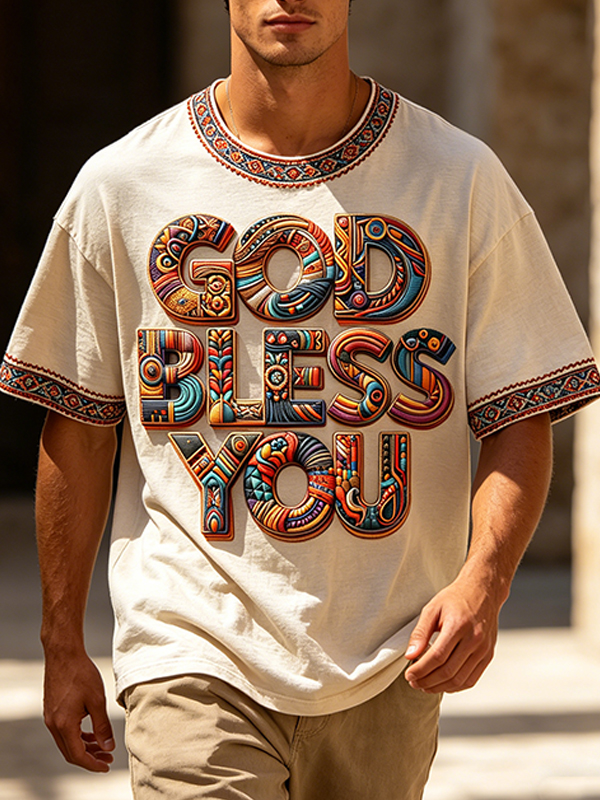 Men's God Bless You Tribal Aztec Print T-Shirt