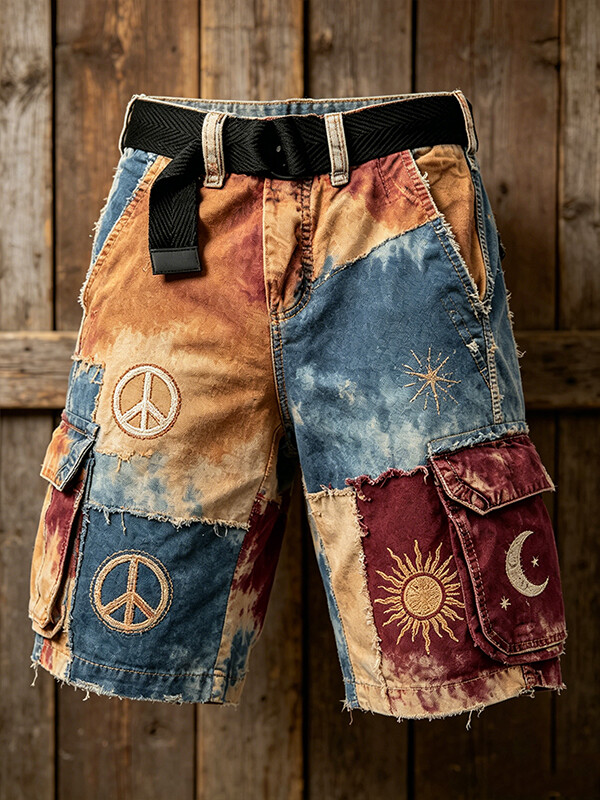 Men's Boho Hippie Patchwork Tie-Dye Sun Moon Peace Art Print Casual Shorts