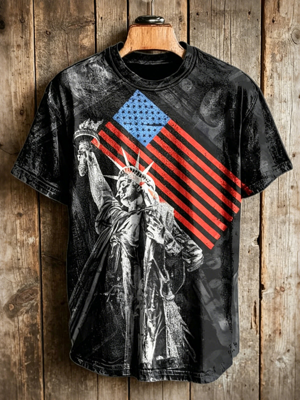 Men's Independence Day Statue of Liberty American Flag Print Casual T-Shirt