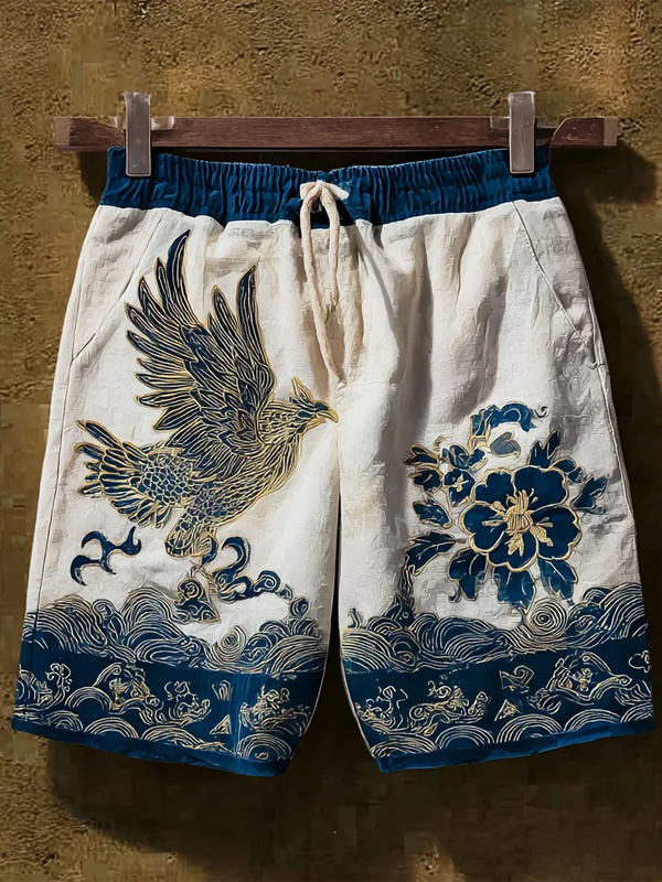 Men's Phoenix Flower Wave Japanese Art Print Casual Shorts