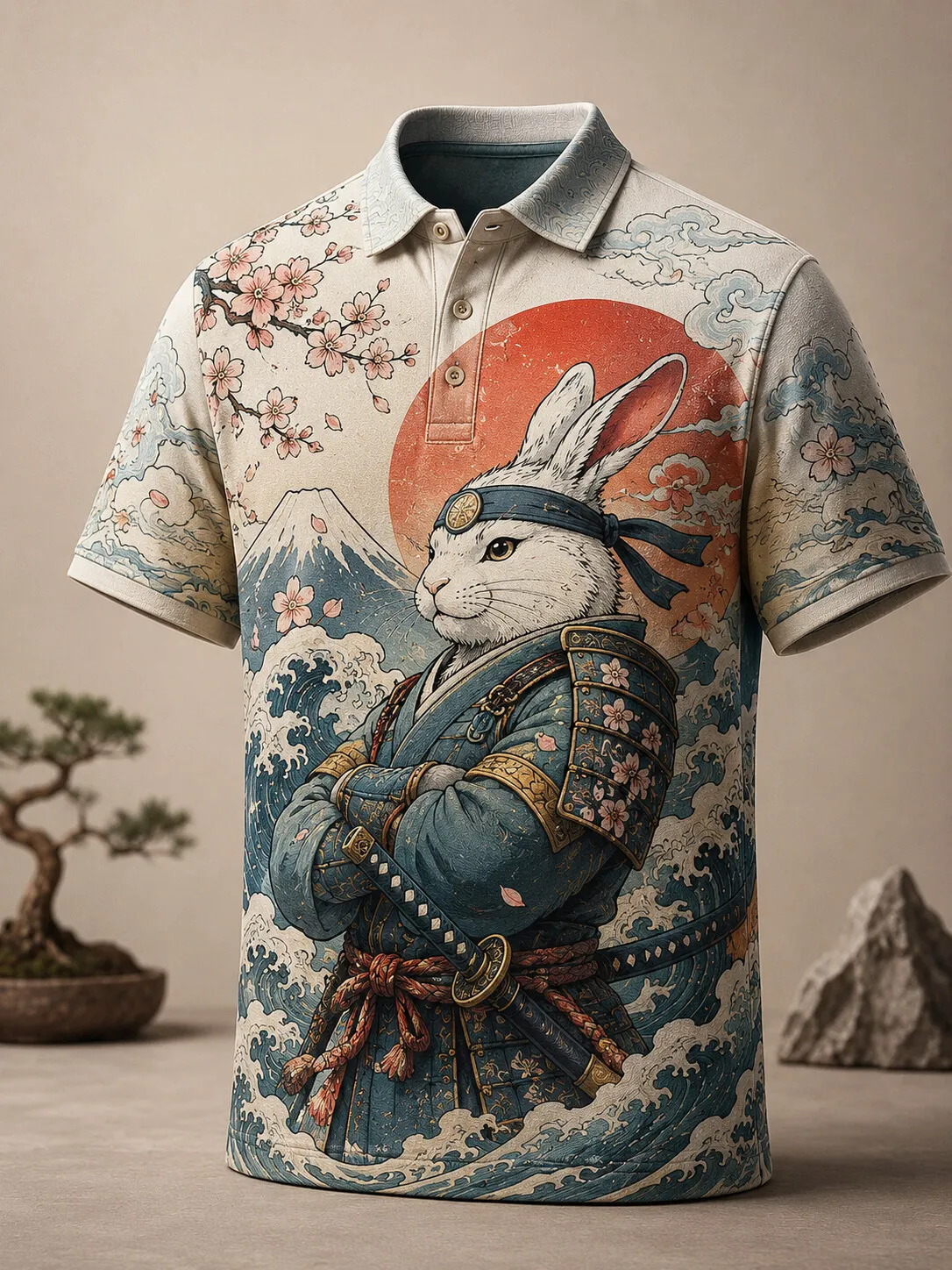 Men's Samurai Rabbit Cherry Blossom Mount Fuji Ocean Wave Vintage Japanese Print Polo Shirt