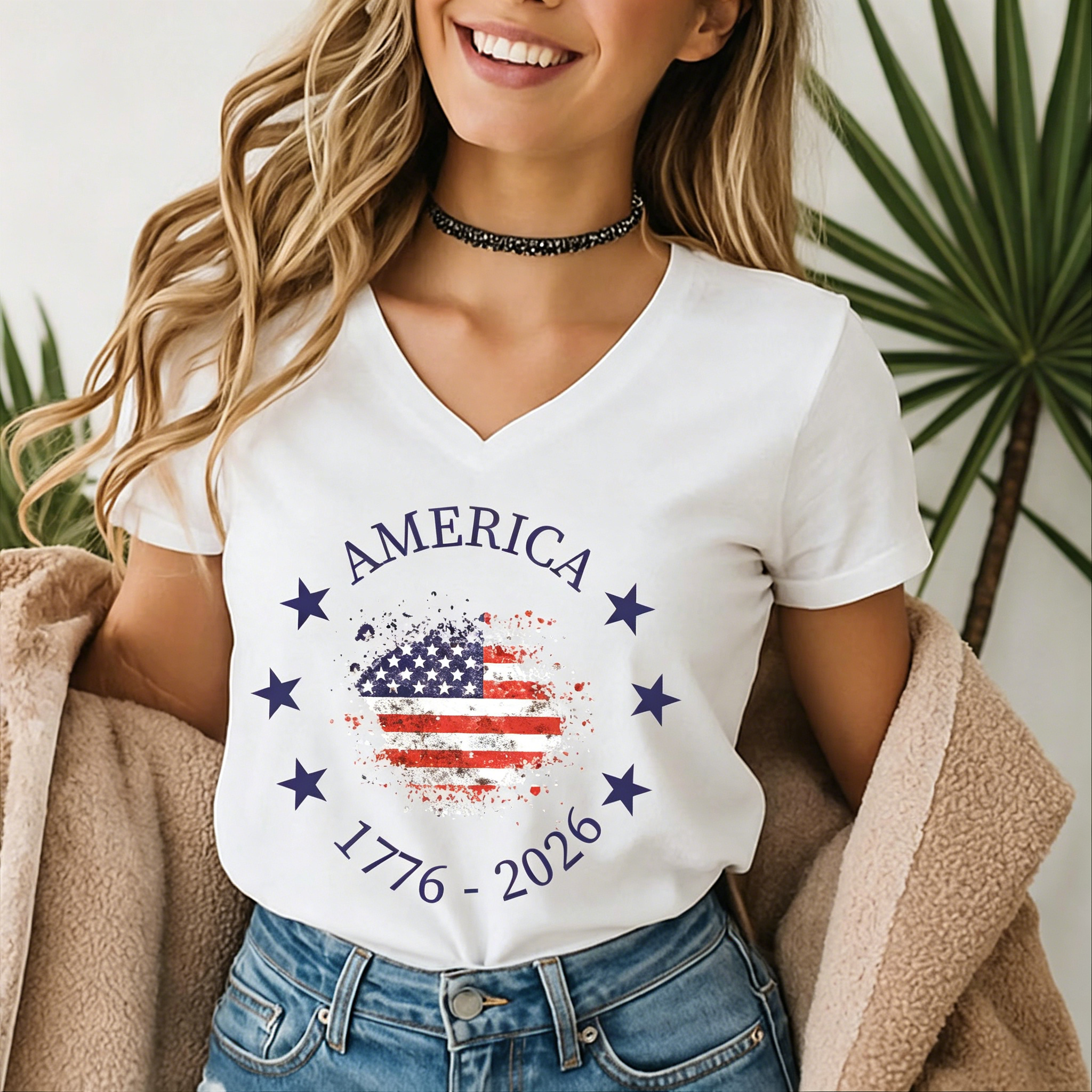 America 250th Anniversary VNeck Shirt, Patriotic USA Flag V-Neck Tee, 4th of July Independence Day Gift B