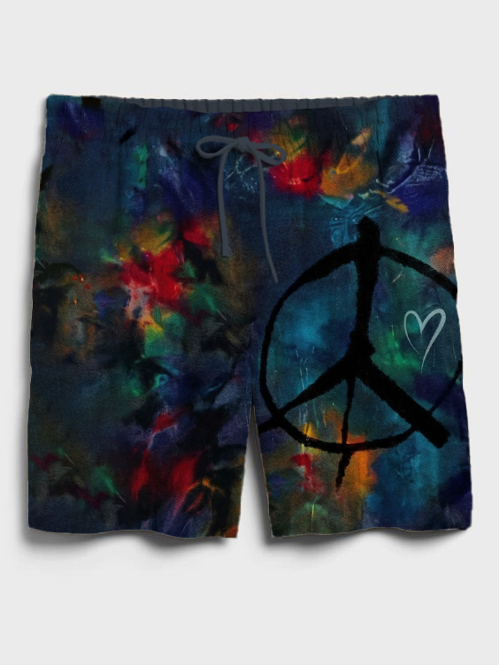 Men's Peace Sign Heart Tie Dye Print Casual Shorts