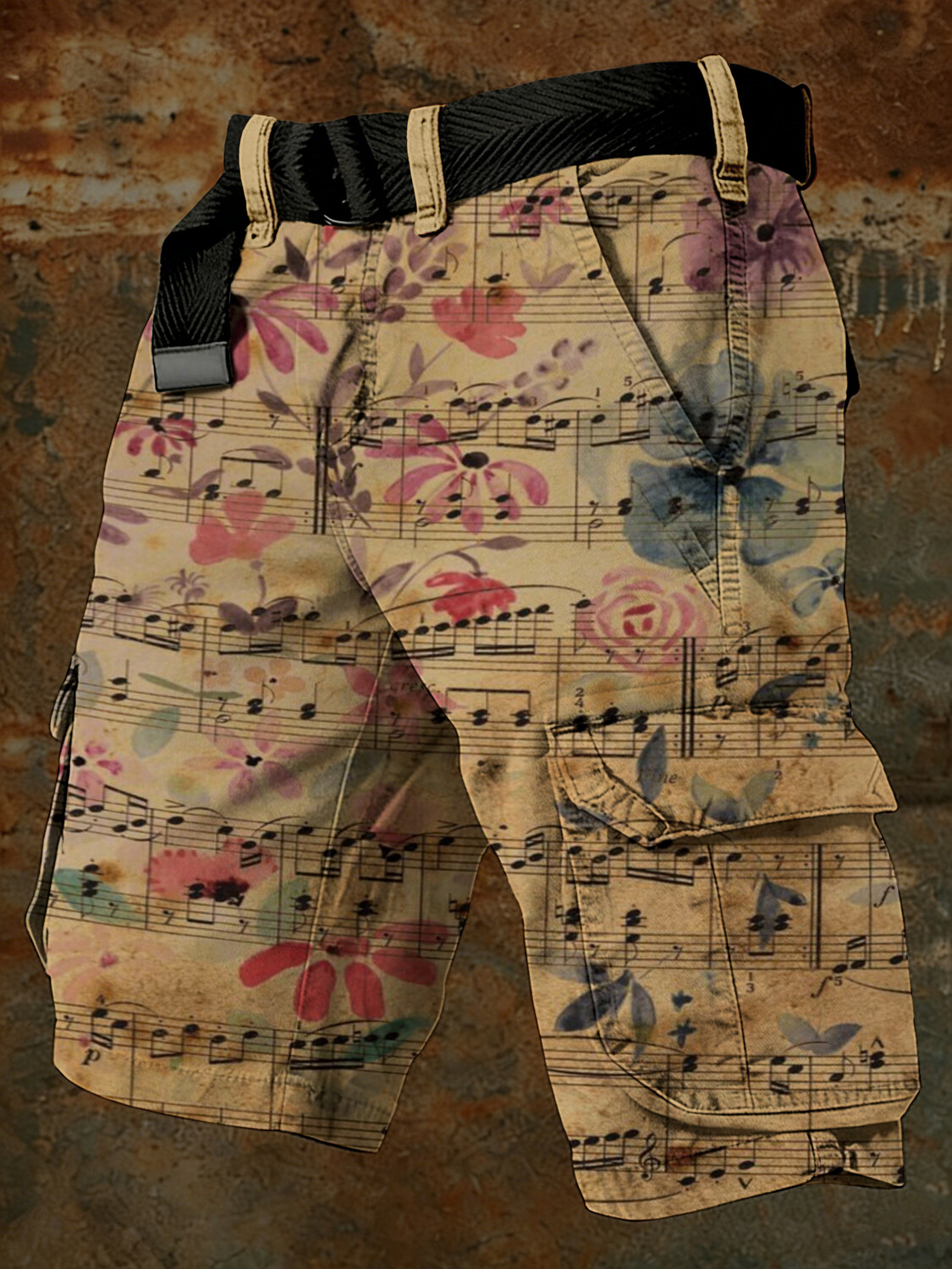 Men's Vintage Sheet Music Floral Art Print Cargo Shorts